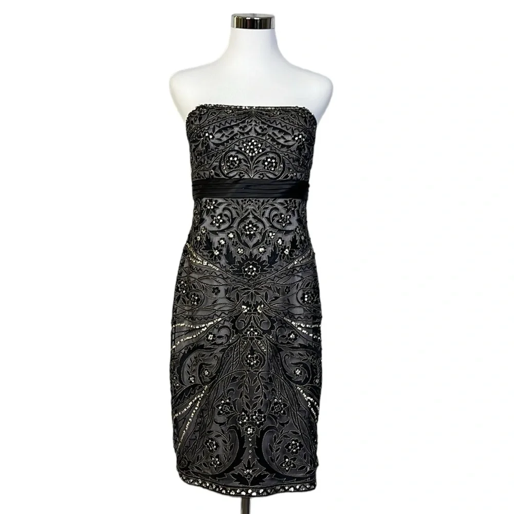 Sue Wong strapless BLACK/ PLATINUM Embroidered beaded Cocktail evening prom - Picture 1 of 12
